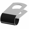 Metal and black plastic cable clamp with oval mounting hole for secure fastening.