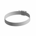 Silver stainless steel hose clamp with a slotted tightening screw band design.