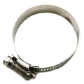Stainless steel circular hose clamp with adjustable screw fastener and perforated band.