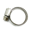 Stainless steel adjustable hose clamp with perforated band and hex screw tightening mechanism.