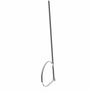 Black flexible nylon zip tie with a self-locking ratchet head and long thin tail.