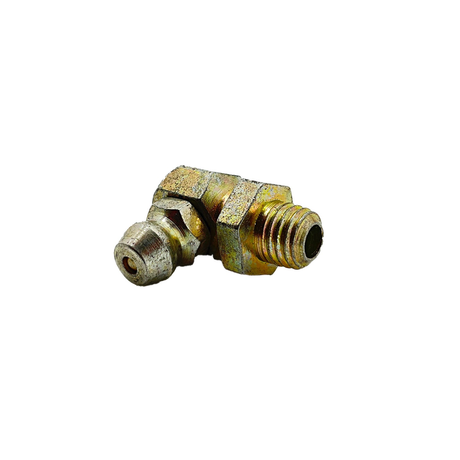 Small angled metal grease fitting with hex nut and threaded end in brass tone.
