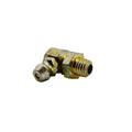 Small angled metal grease fitting with hex nut and threaded end in brass tone.