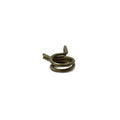 Small dark metal coil clamp with two protruding angled ends for securing components.