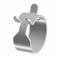 Silver metal hose clamp with a quick-release tab and uniform circular band design.