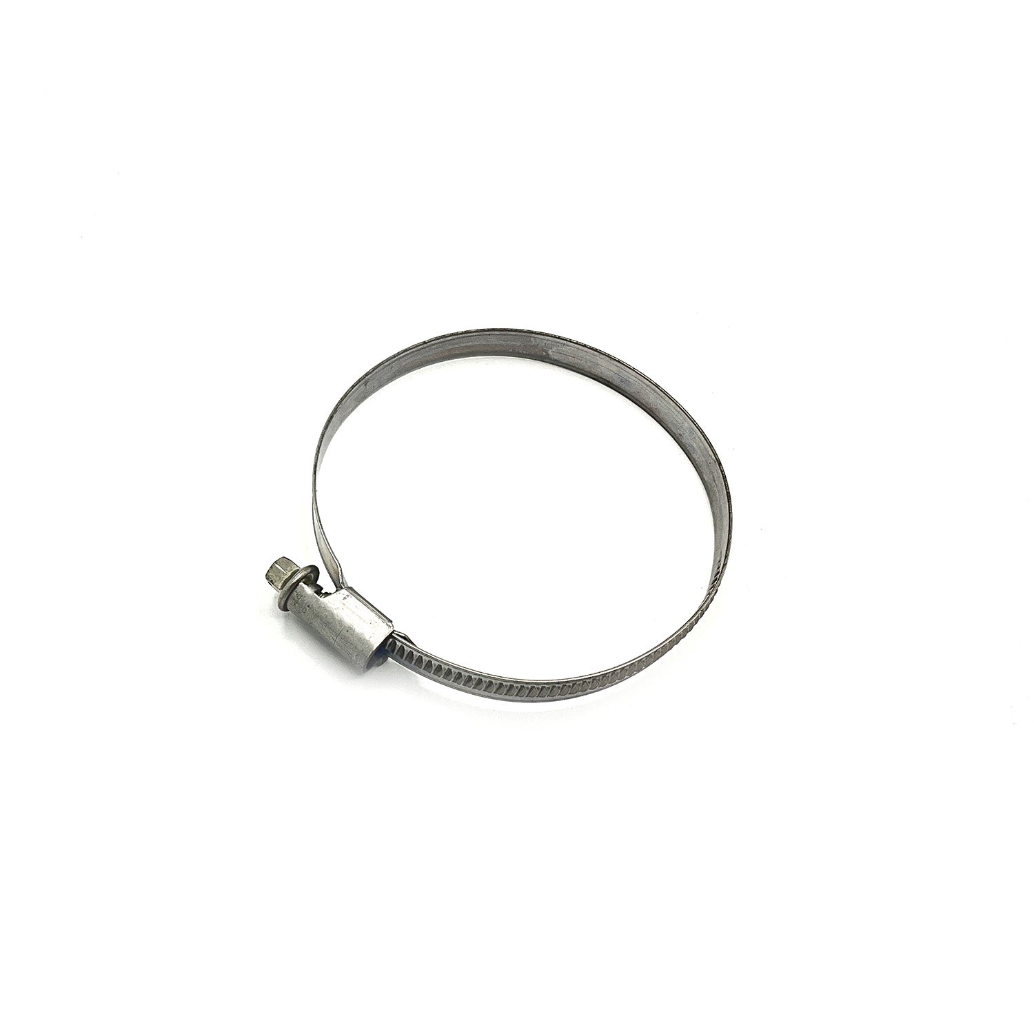 Narrow stainless steel band clamp with screw tightening mechanism.