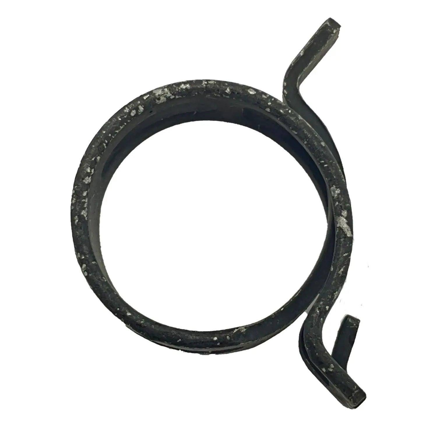 Black metal spiral hose clamp with a flat hook at one end and a curved tip at the other end.