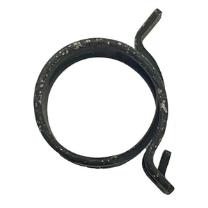 Black metal spiral hose clamp with a flat hook at one end and a curved tip at the other end.