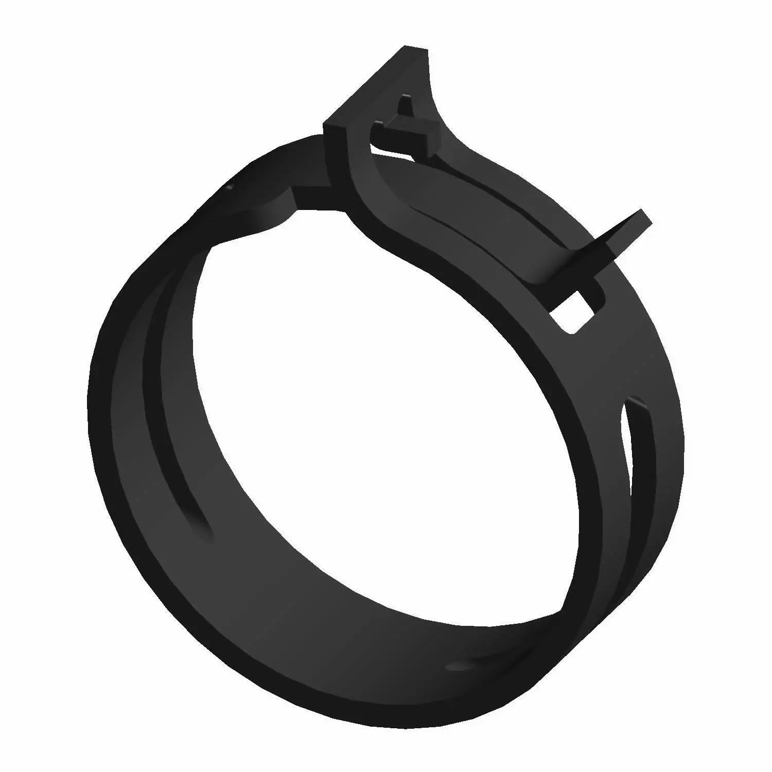 Black plastic springband clamp with adjustable locking tab and slotted flexible band design.