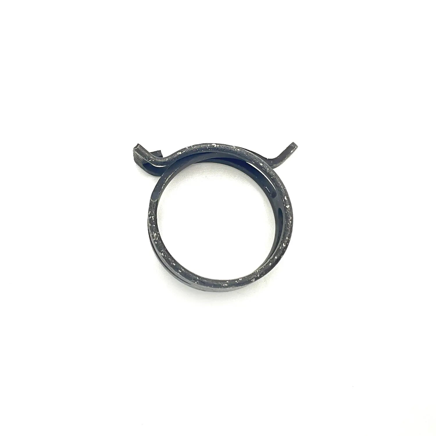 Black metal spring band clamp with small locking tab, circular shape, smooth finish.