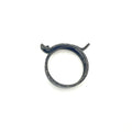 Black metal spring band clamp with small locking tab, circular shape, smooth finish.