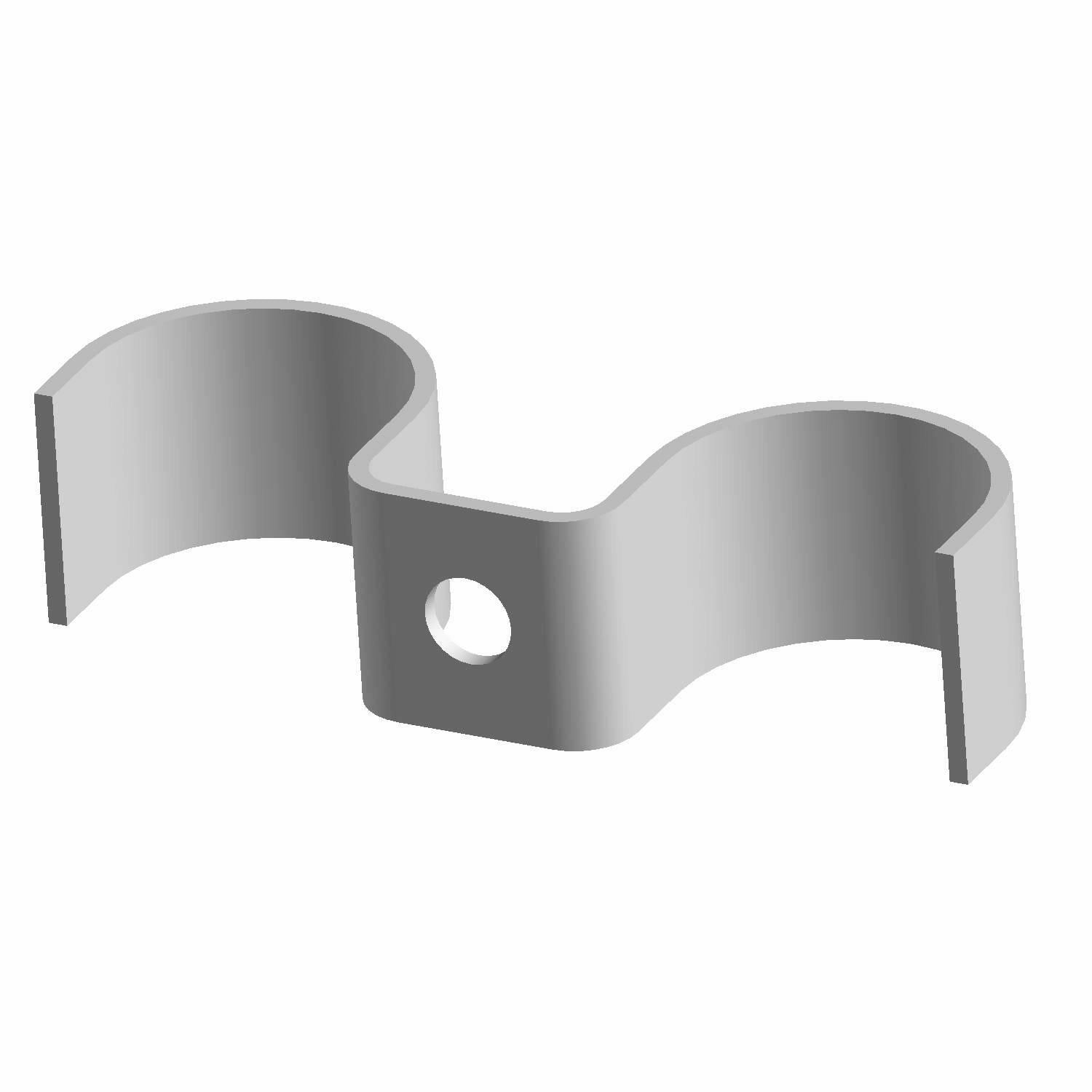 Silver metal double hose clamp with two circular openings and a central mounting hole.