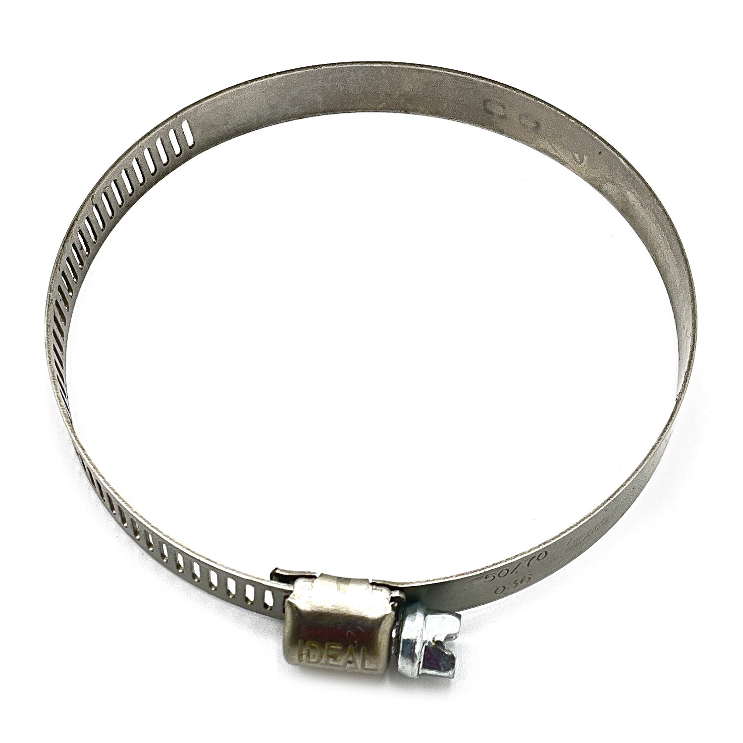 Silver narrow stainless steel band clamp with slotted spacing and screw-tightening mechanism.