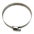 Silver narrow stainless steel band clamp with slotted spacing and screw-tightening mechanism.