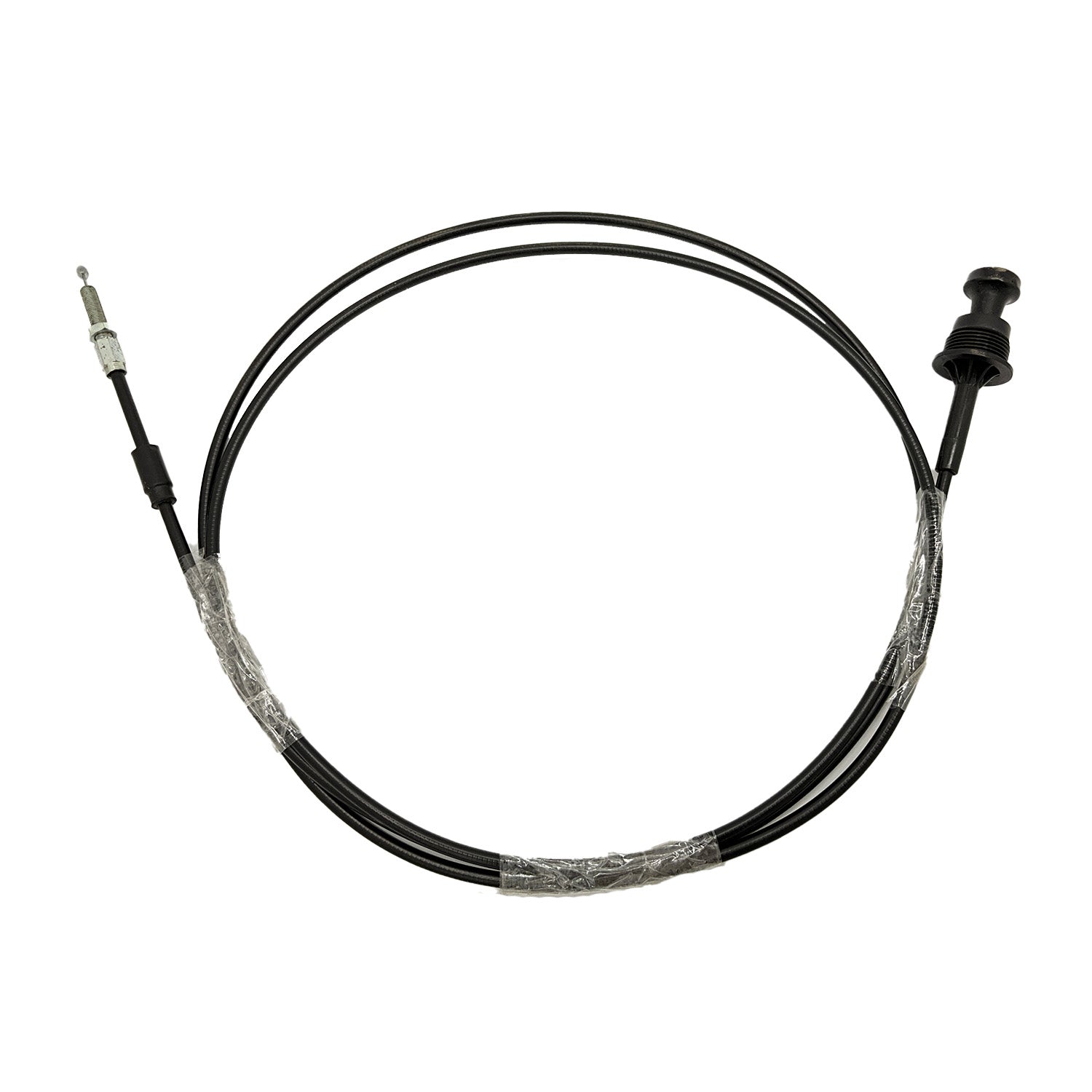 Black flexible choke cable with metal connector on one end and plastic pull knob on the other end.