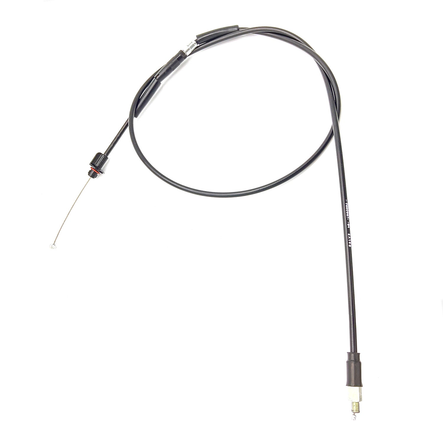 Black flexible 1/4 turn throttle cable with metal end fittings and plastic connectors.