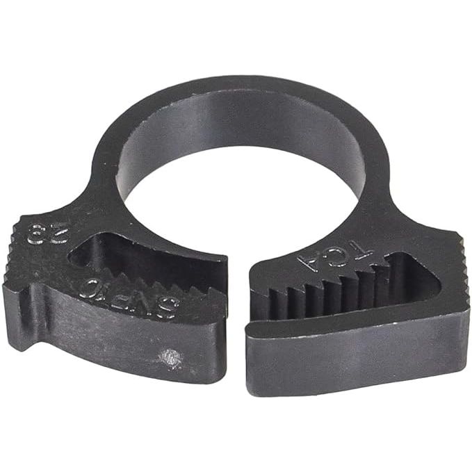 Black plastic circular boot clamp with ribbed gripping teeth and an open split design.