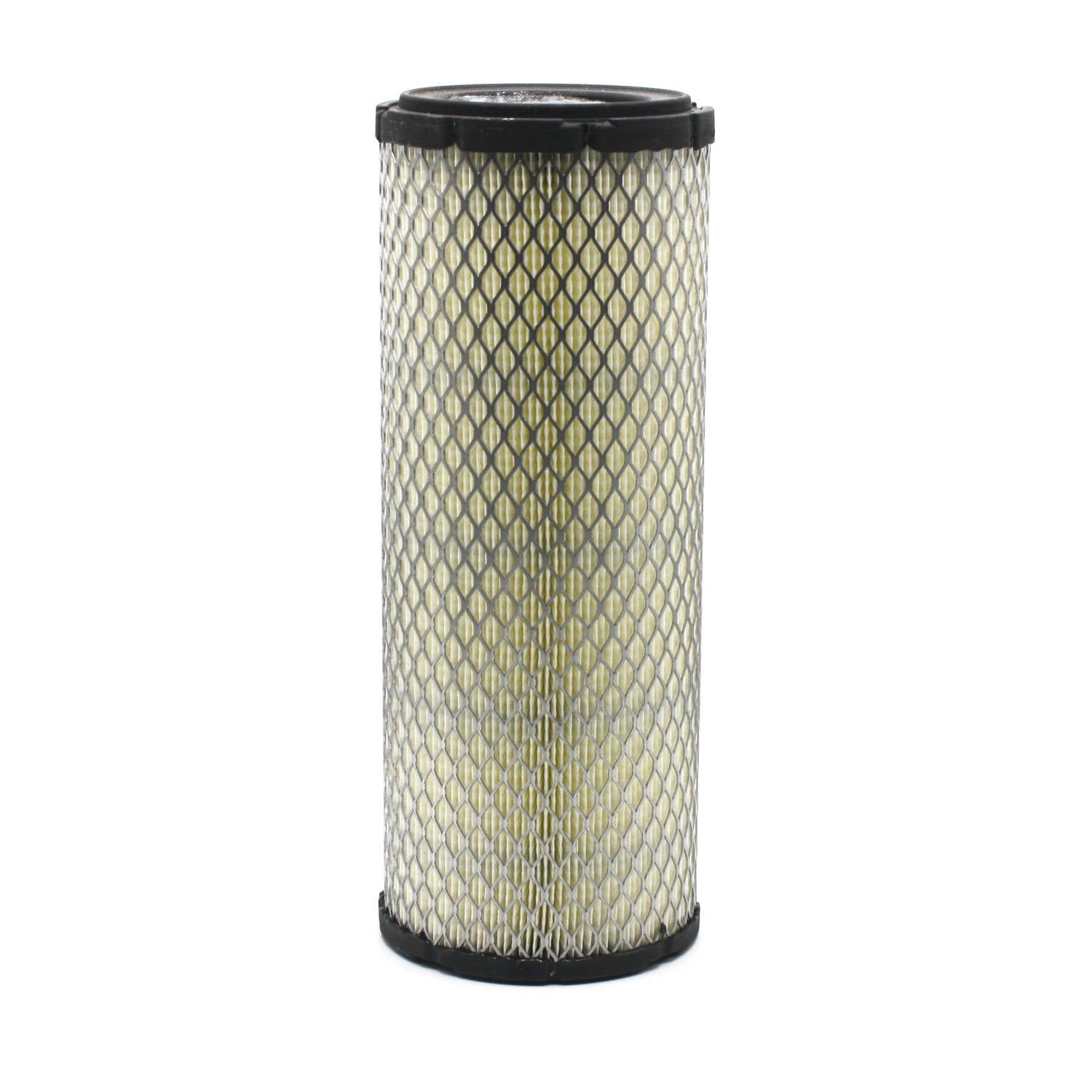 Cylindrical air intake filter with metal mesh exterior and black rubber end caps.