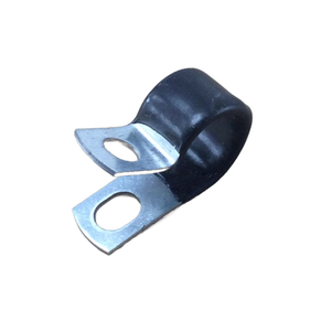 The Vinyl Coated Clamp by Polaris features a black rubber coating and two flat, holed ends for mounting. This OEM Victory Polaris part is curved to securely hold cables or pipes—perfect for replacing Victory motorcycle parts.