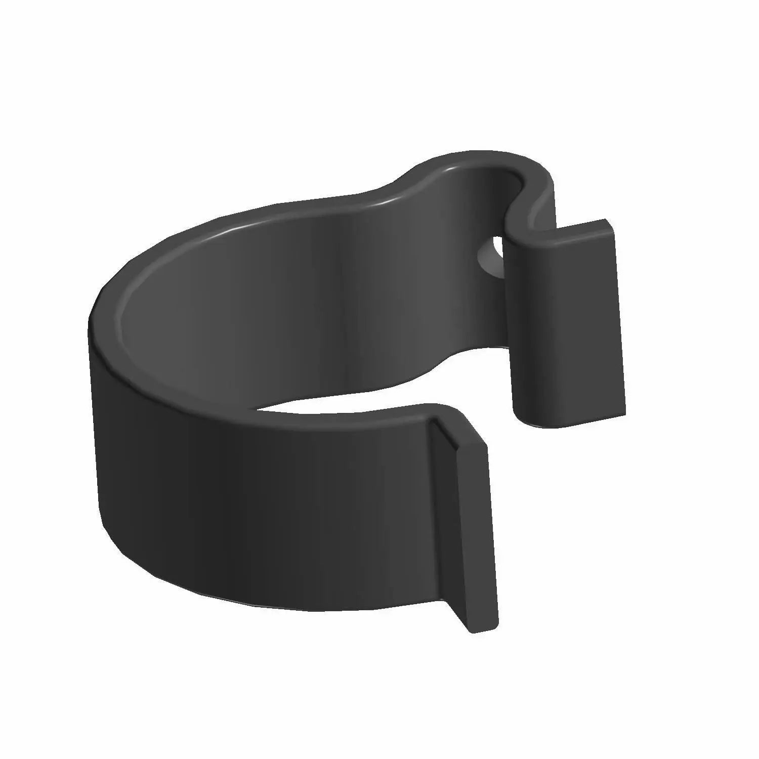 Black 8mm curved brake line clip with open-ended design and small securing hole.