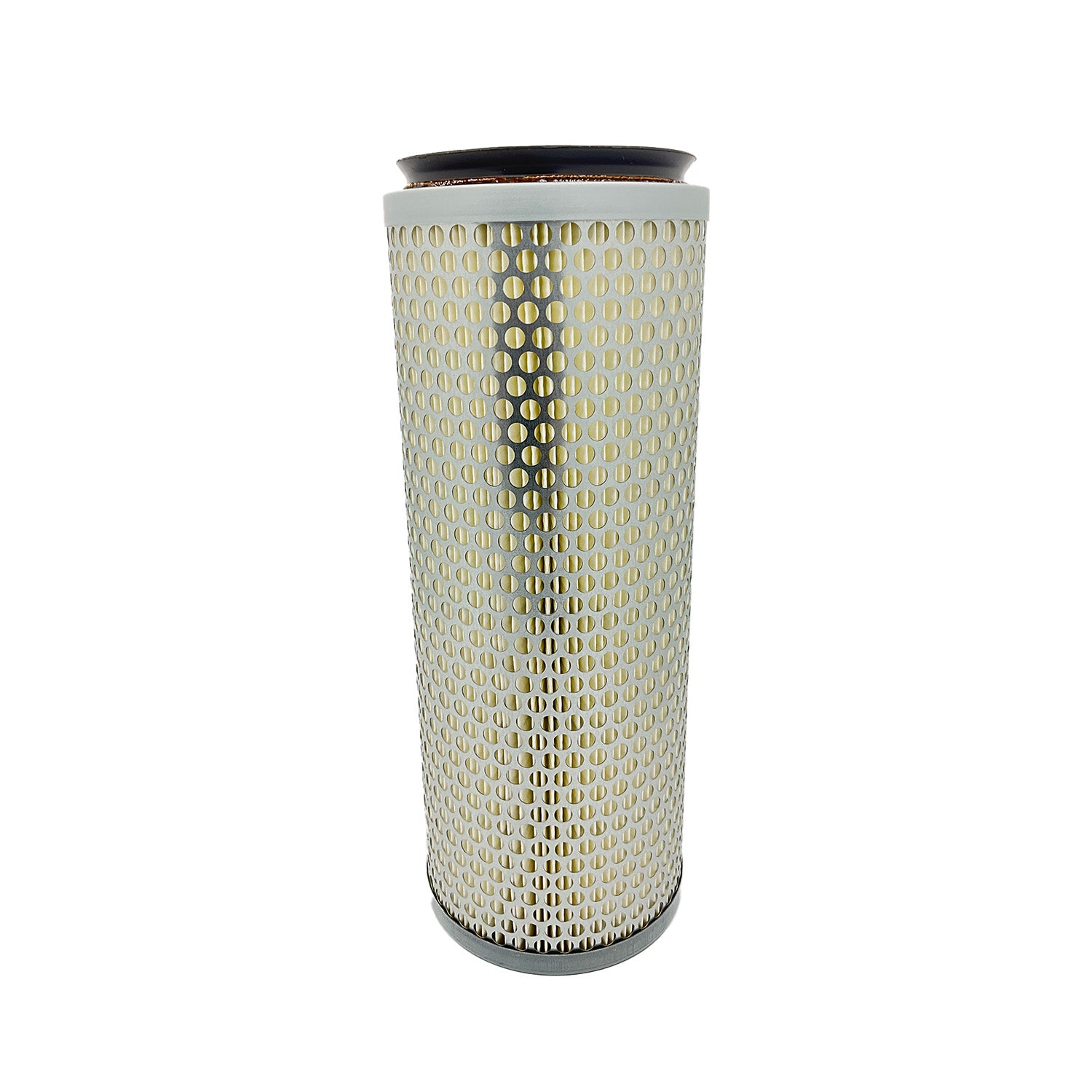 Cylindrical air intake filter with perforated metal outer shell and black rubber seals on ends.