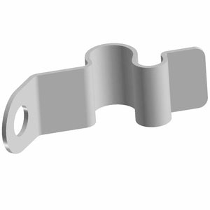 Silver metal brake line hose clip with a circular hole on one end and curved clamp design.