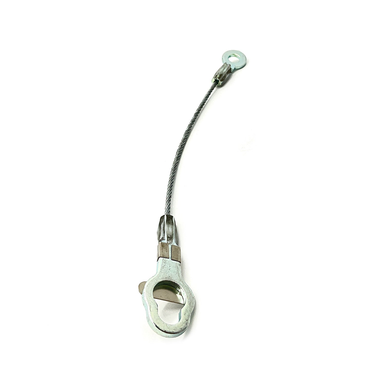 Silver metal tailgate cable with looped wire and latch hook end for Polaris Ranger models.