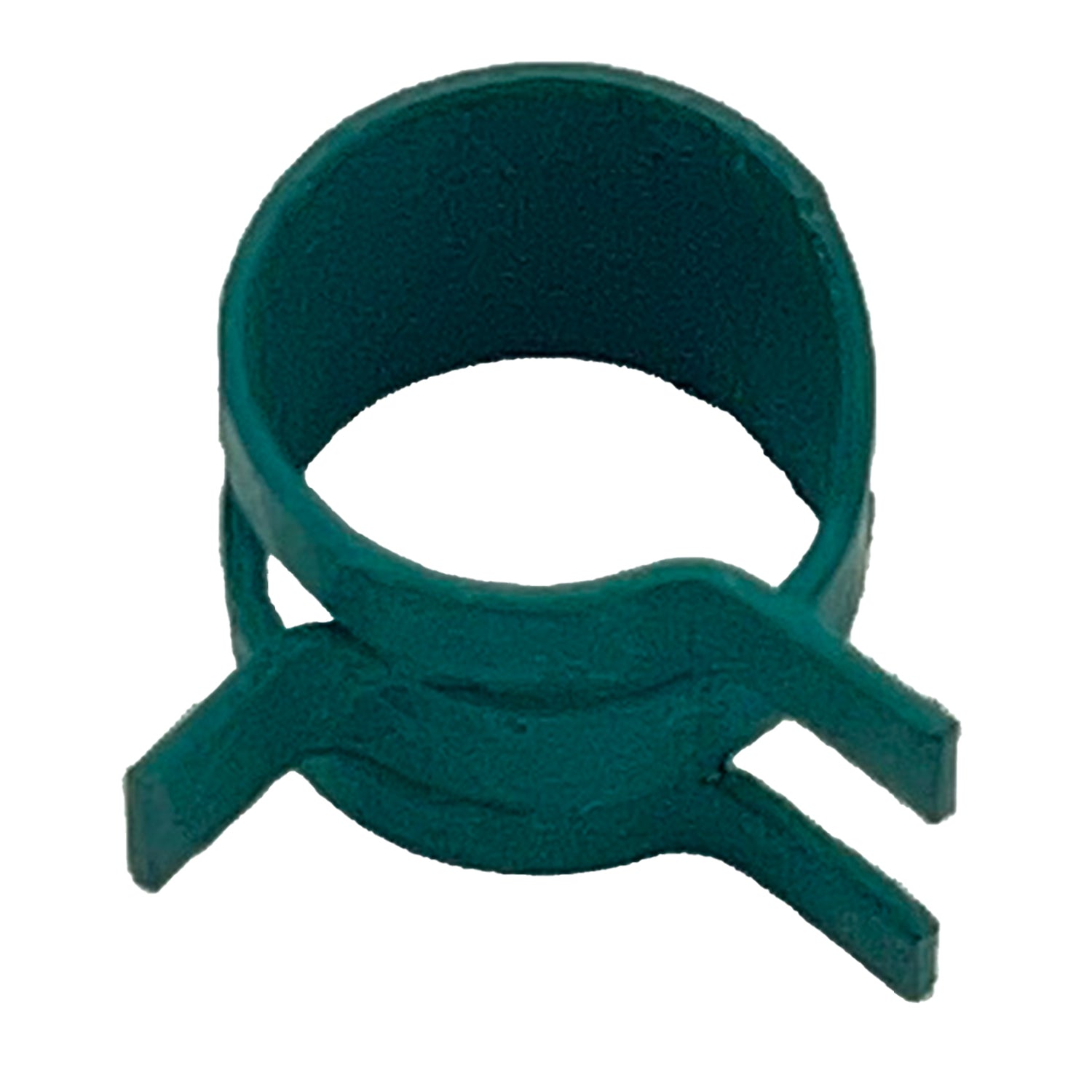 Green plastic hose clamp with a split design and two protruding locking tabs.