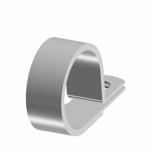Silver metal vinyl hose clamp with flat mounting base and curved securing band.
