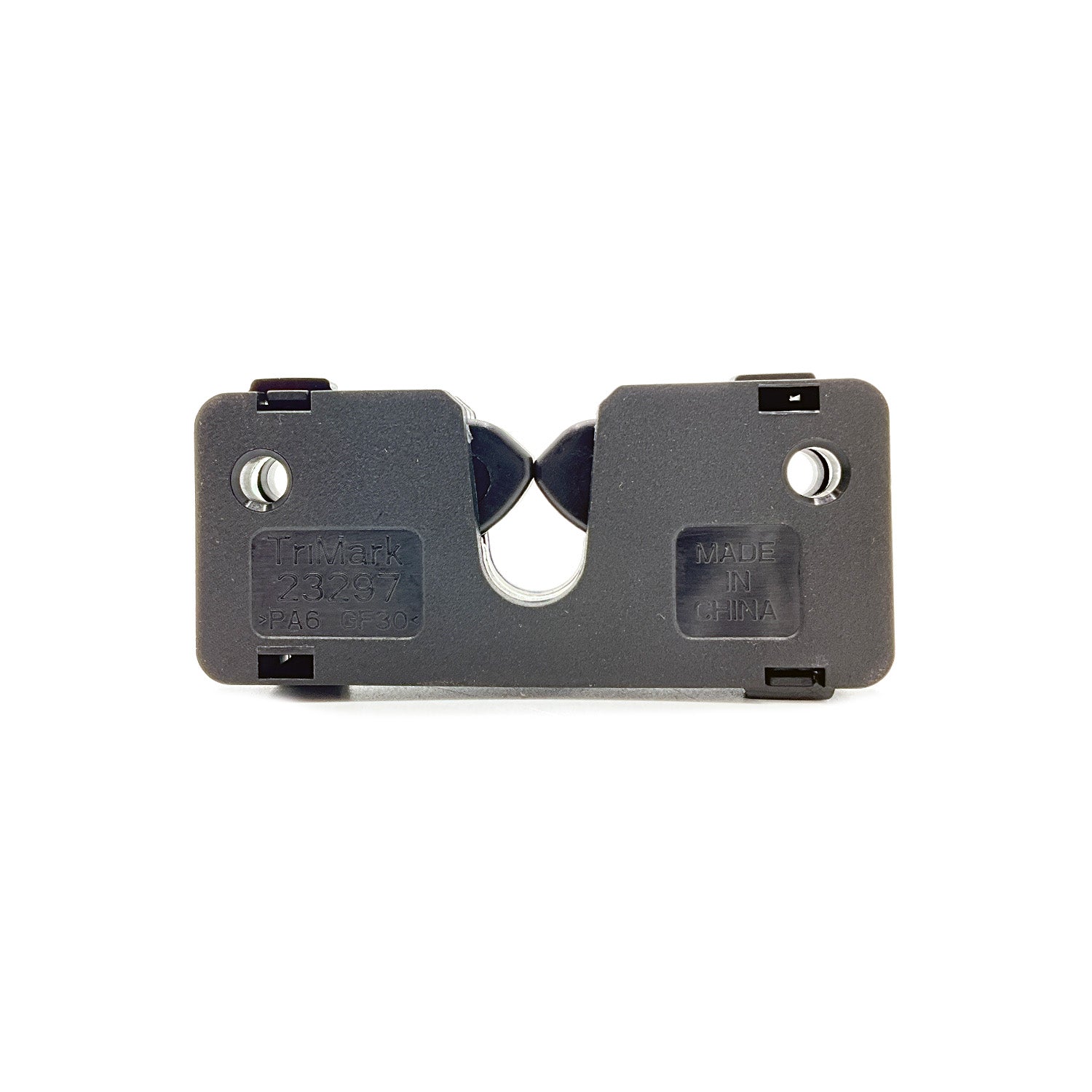 Black metal tailgate slam latch with two mounting holes and a central locking mechanism.