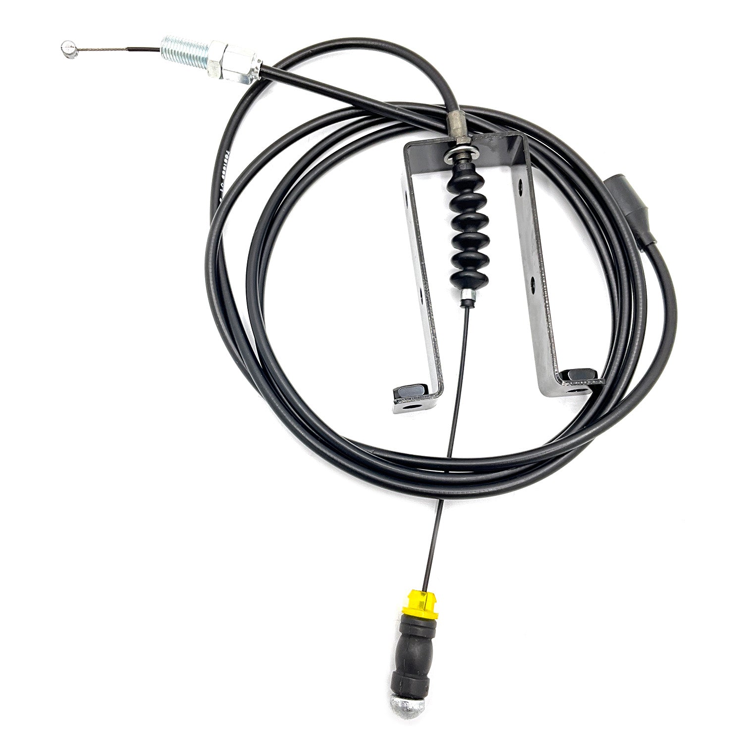 Black throttle cable with metal connectors and spring-loaded clip ends.