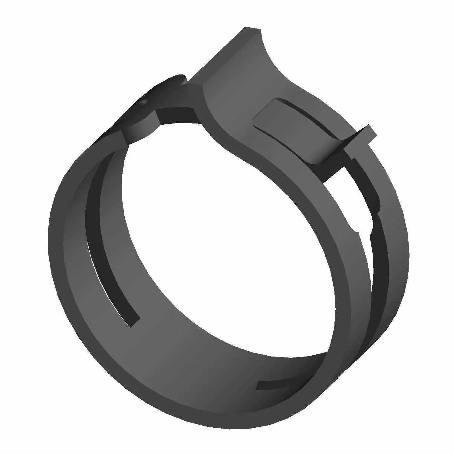 Black metal springband clamp with a locking tab and split-ring design.