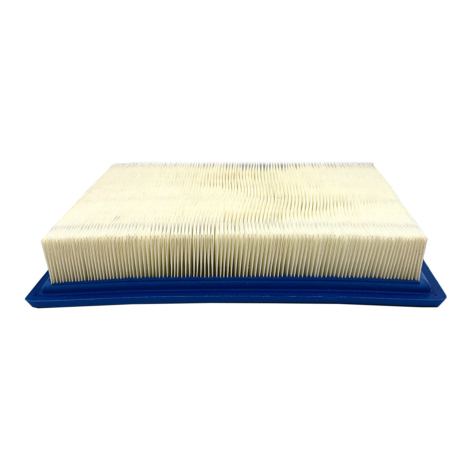Rectangular air filter with pleated white paper and dark blue rubber base for Polaris vehicles.