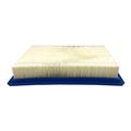 Rectangular air filter with pleated white paper and dark blue rubber base for Polaris vehicles.