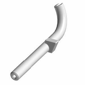 Silver curved metal throttle cable pull with hexagonal base and tubular end.