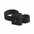 Black plastic loop clip with square base and central round fastener for securing lines or cables.