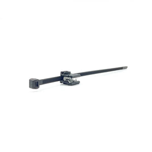 Black nylon zip tie with integrated side clip locking mechanism.