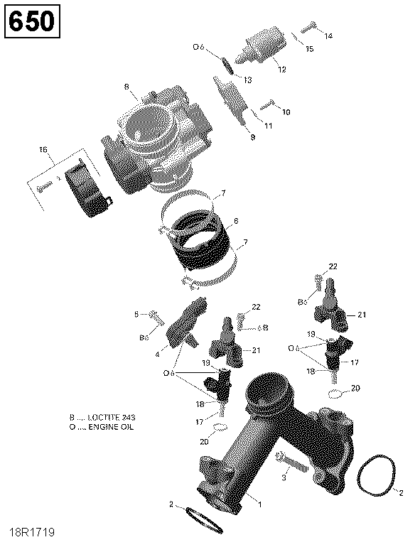 An Image of a Genuine Can-Am Parts Schematic Diagram showing the schematic - AIR INTAKE MANIFOLD AND THROTTLE BODY - 650 EFI