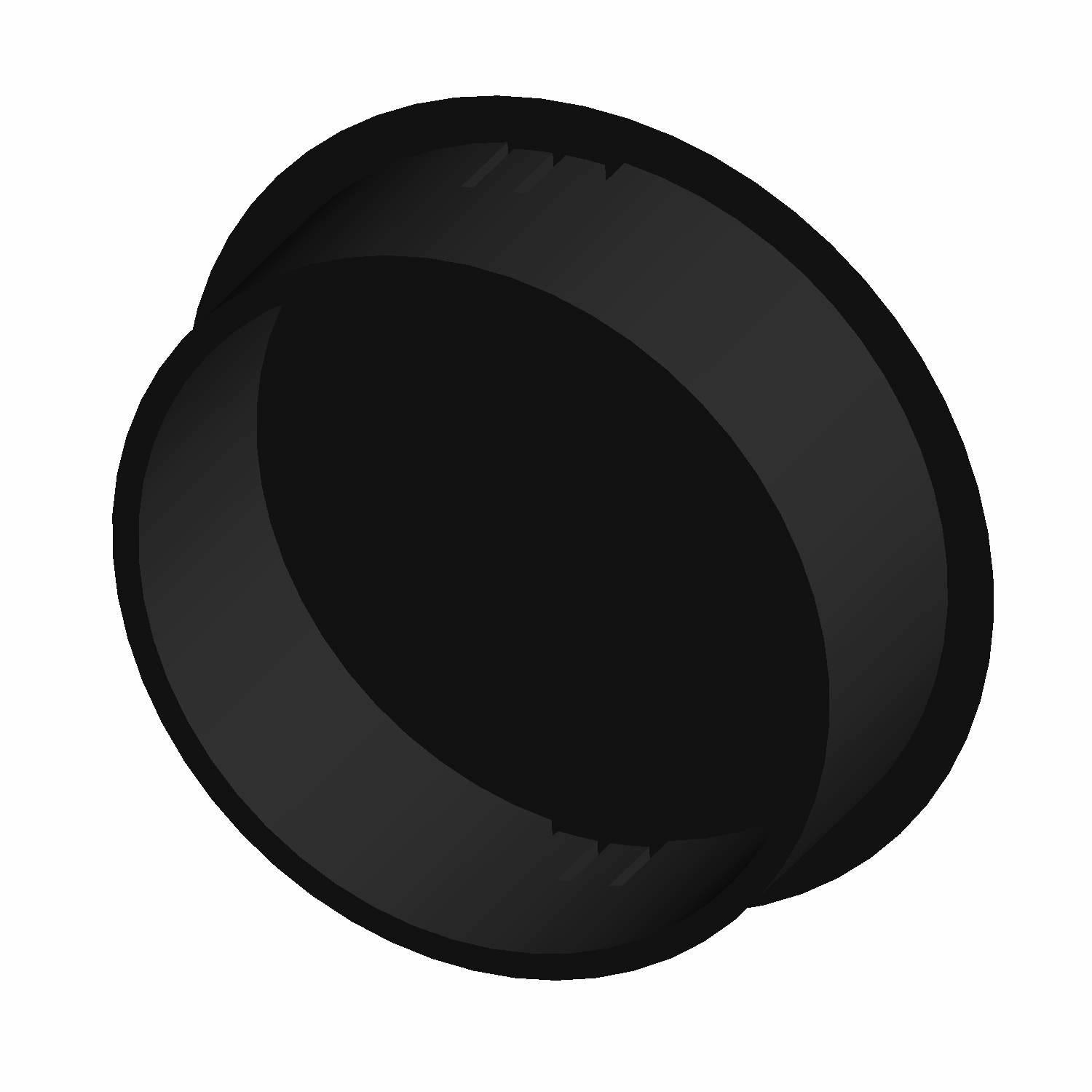 Black domed plastic plug with a smooth rounded surface and a flanged edge.