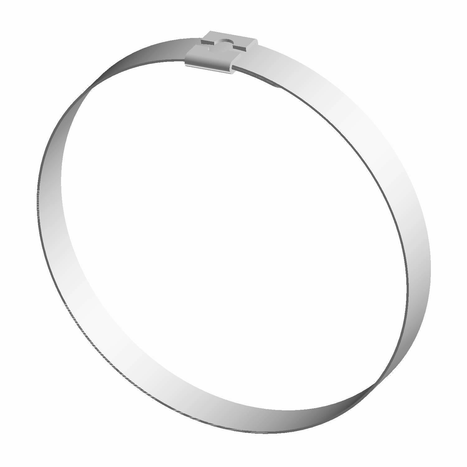 Silver metal heat shield clamp with adjustable tightening mechanism.