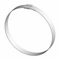 Silver metal heat shield clamp with adjustable tightening mechanism.