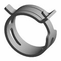 Black metal springband clamp with tabbed ends and perforated strap design.
