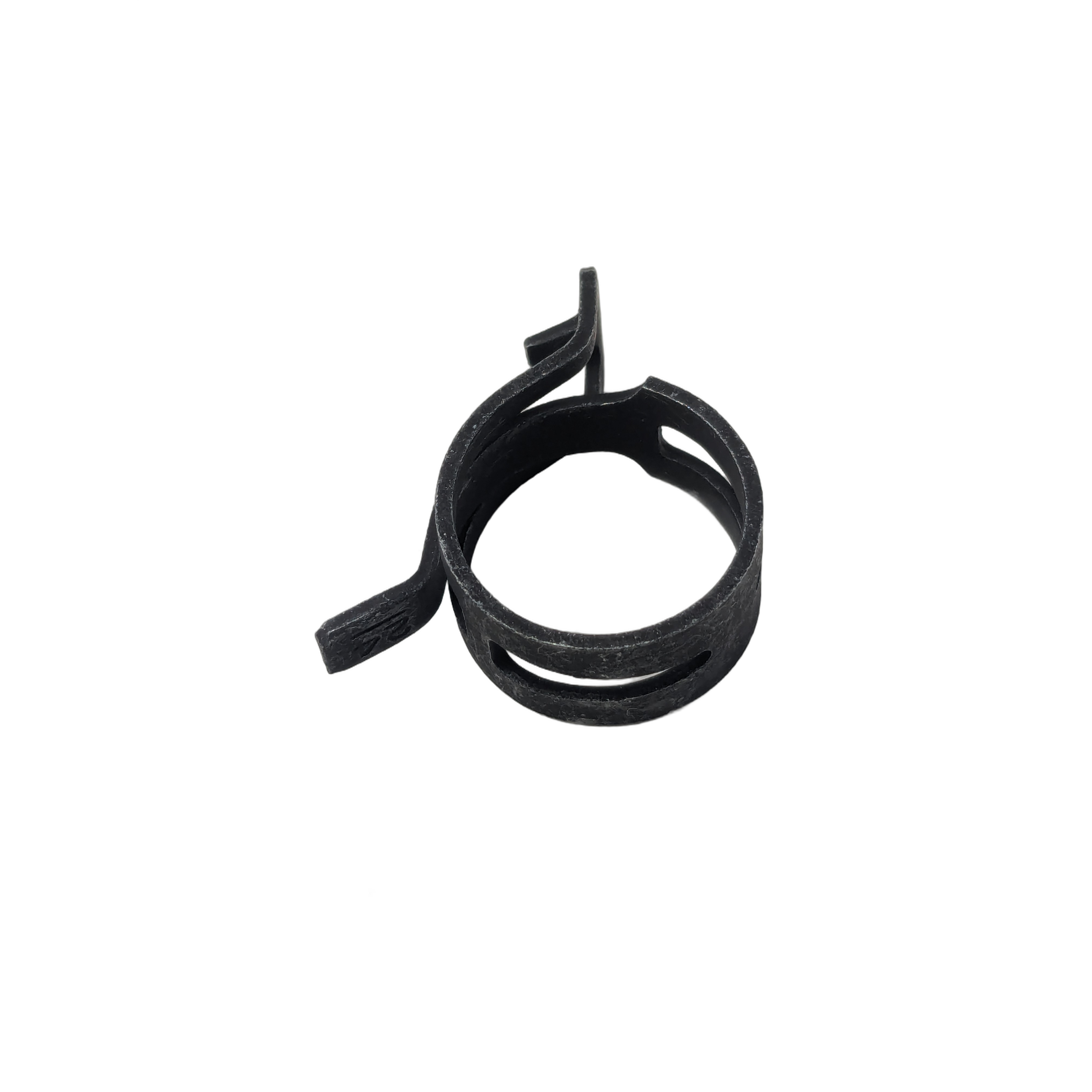 Black metal 24mm hose clamp with adjustable tension band and locking mechanism.