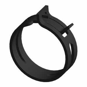 Clamp by Polaris: A black plastic circular locking hose clamp with latch mechanism and two tabs for secure fastening—perfect for hoses or tubing on OEM Victory, Polaris, or other Victory motorcycle parts from Witchdoctors.