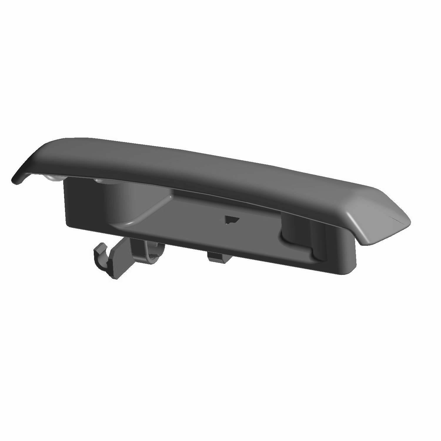 Matte black right-side outer door handle release with smooth curved grip and mounting clips underneath.