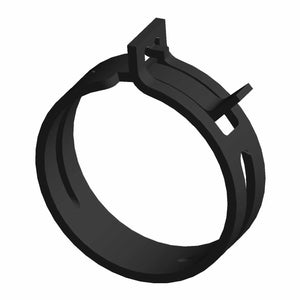 The Clamp by Polaris is a black plastic ring-shaped hose clamp with a locking mechanism and two tabs, perfect for replacing OEM parts on Victory Polaris motorcycles. Shown against a white background.