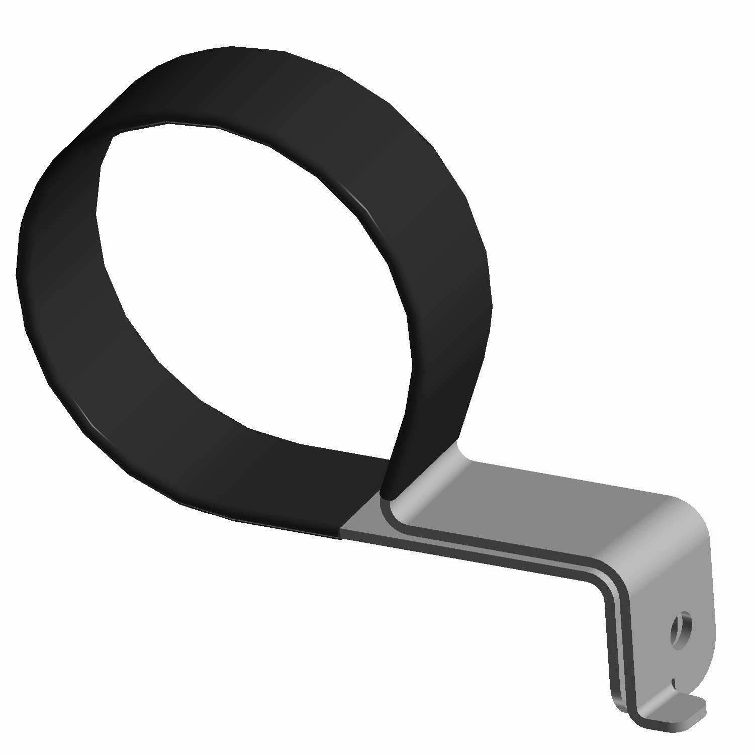 Black rubber-coated large P-clamp with a bent silver metal mounting bracket and two securing holes.