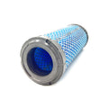 Cylindrical blue and gray air filter with mesh exterior and plastic end caps.