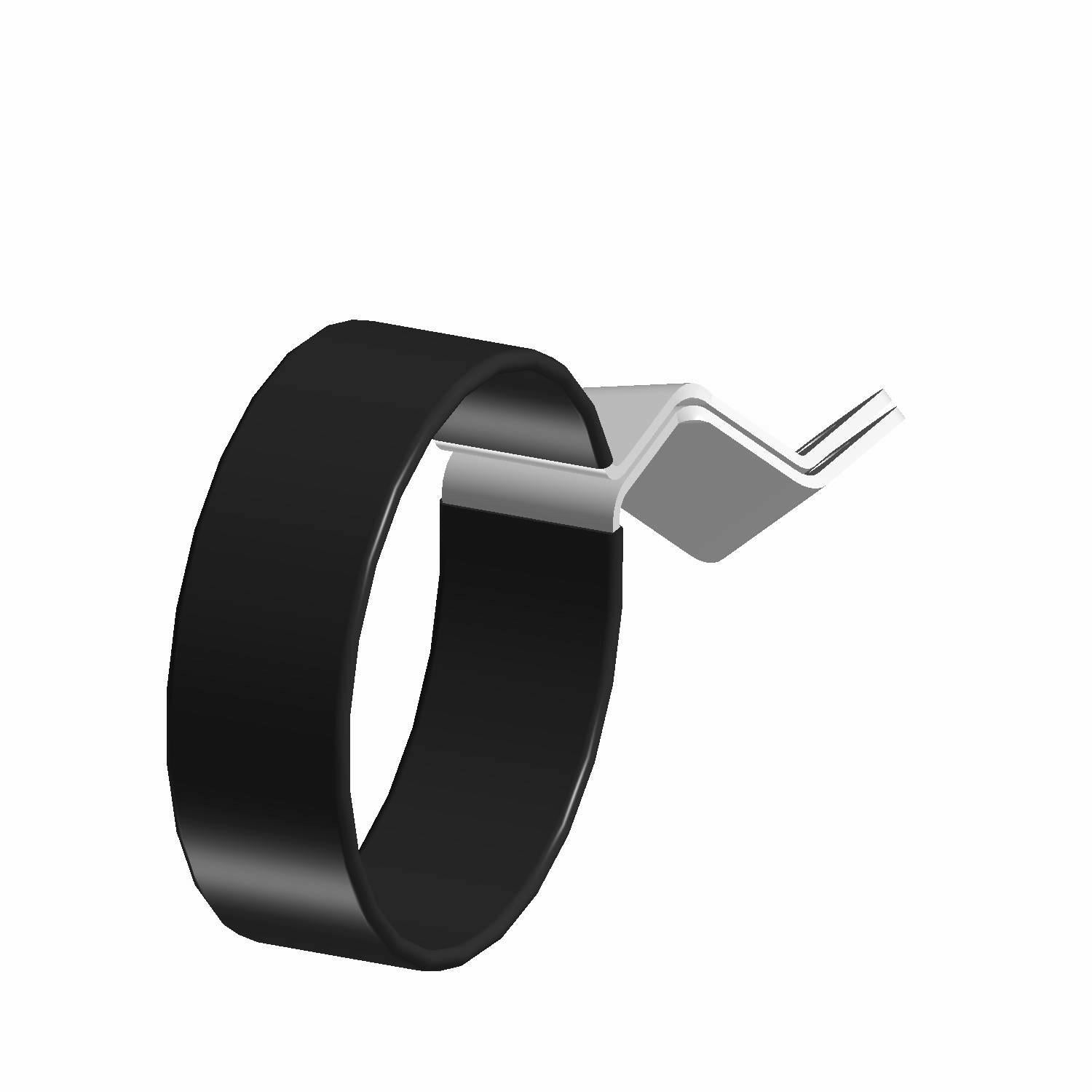 Black rubber-lined large P clamp with silver metal mounting bracket and angled tab.