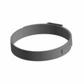 Gray metal Oetiker clamp band with locking mechanism and smooth surface.